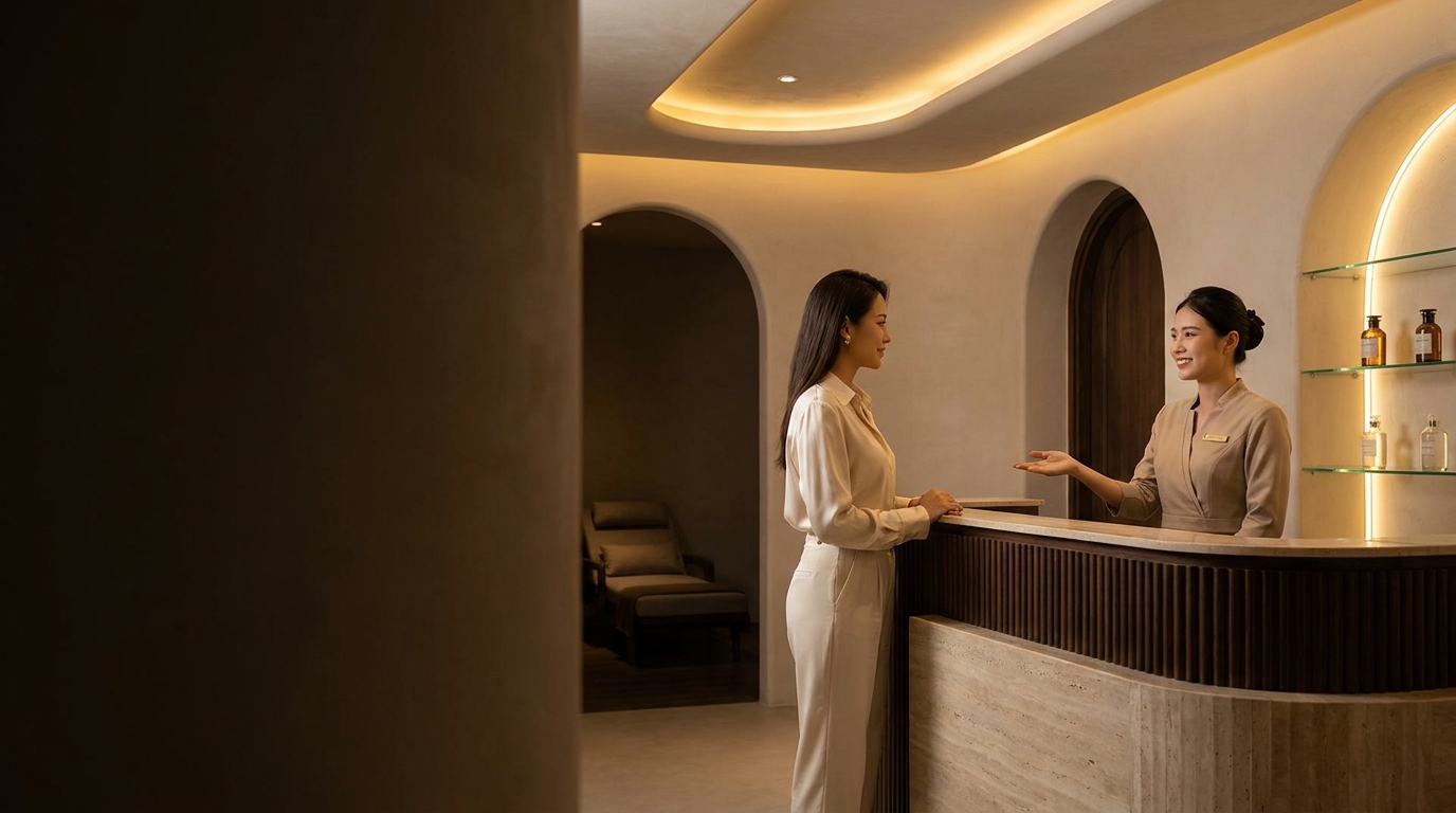 Quầy lễ tân của một không gian thương mại với ánh sáng ấm
